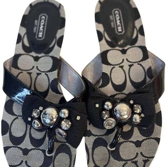 Coach Black & Silver Signature Print Sandals w/ Bow Accent - Picture 5 of 7